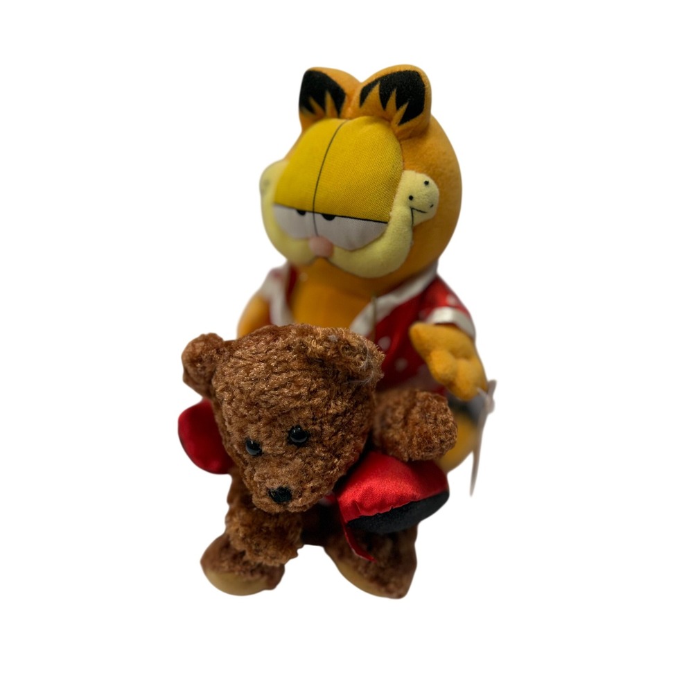 Vintage Russell Stover Garfield Plush in Heart Pajamas with Pooky Teddy Bear NWT